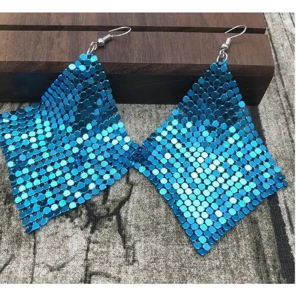 Metal Mesh Grid Earrings Blue - Picture 1 of 3